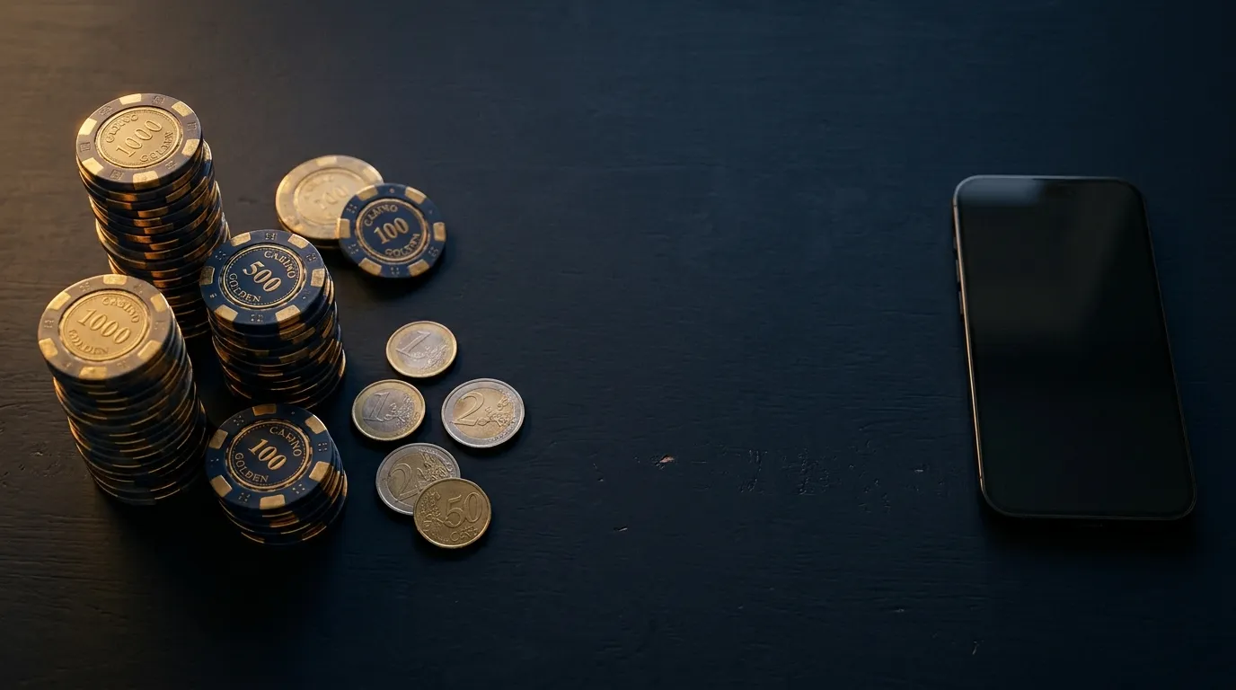 Jetons de casino et pièces en euros sur fond sombre, illustration des casinos en ligne en argent réel